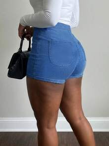 Quần short denim ôm sát cạp trung cơ bản dành cho nữ, kiểu dáng tối giản, ôm sát. - Rửa trung bình - Xem 3