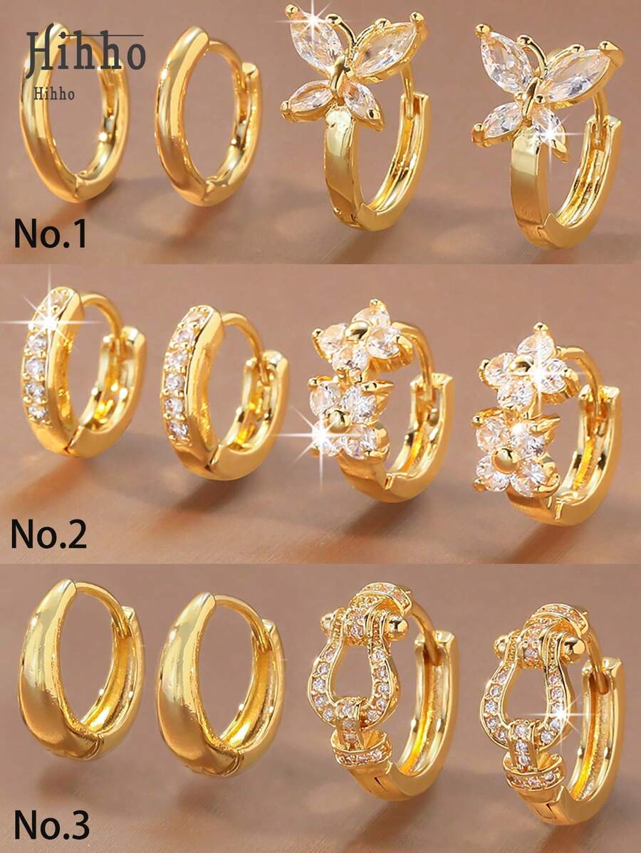 Hihho 2 Sets Of Exquisite And Unique Shiny Earring Sets, Featuring Various Designs Such As Plain Hoops, Butterflies, Flower Clusters, And Chains. Versatile Jewelry Earrings Suitable For Daily Commute Or Vacation - Yellow Gold - View 1
