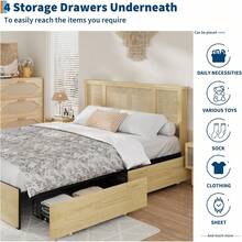 Beaully Bed Frame With 4 Wooden Storage Drawers And Rattan Headboard, Sturdy Metal Base With Durable Wooden Slats, Boho-Style Cane Mattress Support, No Box Spring Needed,Natural Oak - Full Size-4 Drawers - View 7