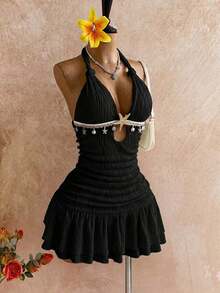 White Halter Twist Bodycon Mini Dress, Metal Accessories, Shell Decor, Beach Resort Vacation, Summer Outfit,White Dresses For Women - Black - View 7