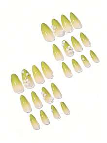 24Pcs Green Gradient Press On Nails With 3D White Flower, Short Almond Fake Nails For Women, Reusable False Nails With Glue For Daily Wear - Multicolor - View 3
