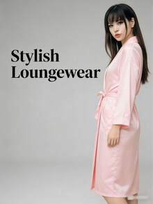 1pc Women's Solid Color Elegant Tie-Front Robe, Sexy Short Satin Silk Soft Sleepwear, Suitable For Brides, Bridesmaids, Home Wear. Wedding Season Short Dress, Letter Pattern, Kimono And Nightgown. - Bright Pink - View 11