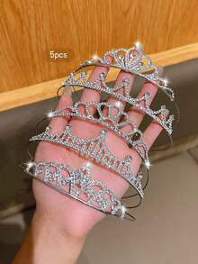 5pcs Gold Crown Fashionable Sweet Style Tiara, Suitable For Performance And Birthday Party, Affordable Hair Accessories - Silver - View 4