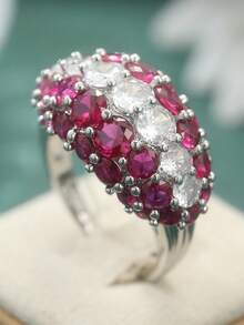 Fashionable Luxury Red & White Cubic Zirconia Ring, Sparkling Jewelry, Women's Wedding & Engagement Rings, Holiday & Party Jewelry, Anniversary Gift - Silver - View 7