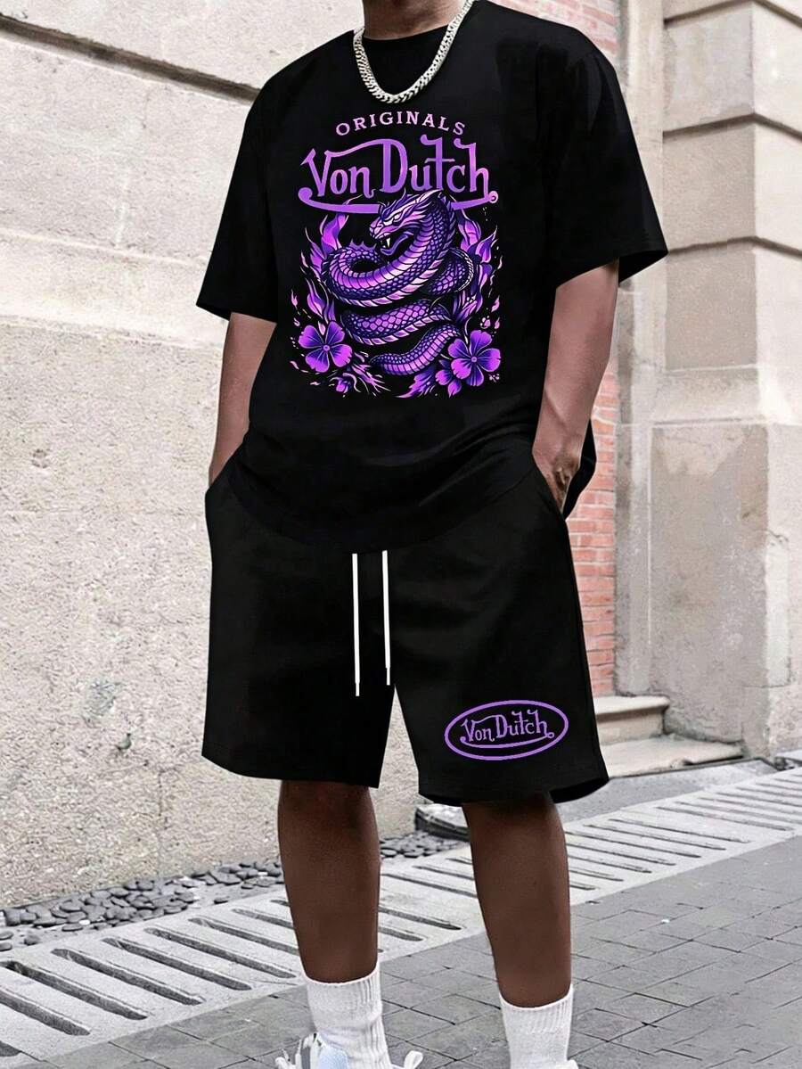 (Two-Piece Set) Crew Neck 180g Pure Cotton Short-Sleeved T-Shirt And Shorts Set. The T-Shirt Features A Street-Style Graphic And Letter Design. Paired With Drawstring Polyester Shorts, It Creates A Breathable And Comfortable Summer Casual Look. - 黑色+黑色 - 查看 1