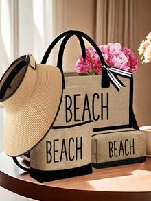 Women's Beach Tote Bag Set, Includes "BEACH" Canvas Bag, Khaki Wavy Beach Sun Hat, Tote Bag, Cosmetic Bag, Wide Brim Sun Hat, Bow Outdoor Travel Hat, Suitable For Spring/Summer Beach Use, Adjustable - Multicolor - View 8