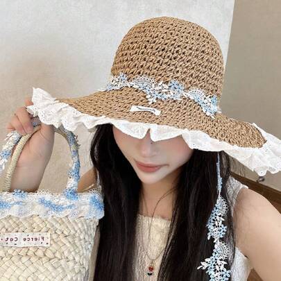 1 Chiếc Mũ Rơm Viền Ren Cho Nữ, Mũ Rộng Vành Chống Nắng, Mũ Đi Biển, Mũ Phong Cách Pháp Cottagecore, Mũ Hè Dễ Thương, Mũ Nữ Tính, Mũ Chống Nắng, Mũ Chụp Ảnh Kỳ Nghỉ, Mũ Giúp Khuôn Mặt Trông Gọn Gàng, Phụ Kiện Mùa Hè Không Thể Thiếu