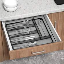 Silverware Drawer Organizer Holder Cutlery Tray Silverware Flatware Storage Divider For Kitchen Bedroom Living Room Mesh Wire With Non-Slip Foam Feet 5 Compoment Black - Black - View 6