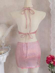 Women's 3-Piece Bikini Set Shiny Solid Color Halter Bikini Tops Thong Bottom With Matching Mini Cover-Up Skirt - Pink - View 4