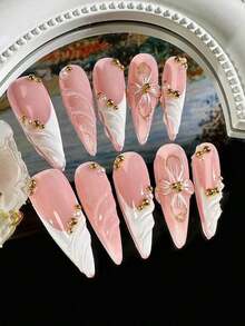 10pcs Handmade 3D Floral Nail Art, Shiny Burgundy Animal Print Pointed Long Press-On Nails, Suitable For Women And Girls Daily Wear, Nail Art Supplies Handmade Press On Nails - 白色 - 查看 3