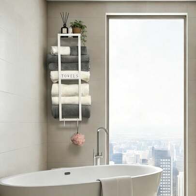 1pc 2/3 Tier Wall Mounted Towel Rack With Hooks And Storage Shelf, Ideal For Bathroom, Living Room, Hotel And Motel Use, Perfect For Towels And Other Items