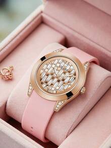Guess 女士时尚腕表 GW0109L2，粉色硅胶表带，玫瑰金闪亮水晶表盘，奢华休闲腕表 - 金色 - 查看 1
