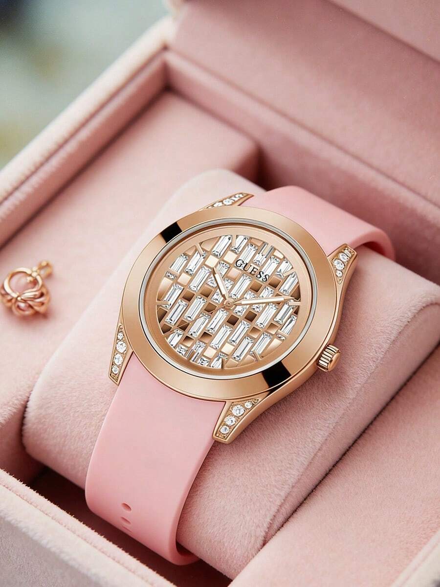 Guess 女士时尚腕表 GW0109L2，粉色硅胶表带，玫瑰金闪亮水晶表盘，奢华休闲腕表 - 金色 - 查看 1