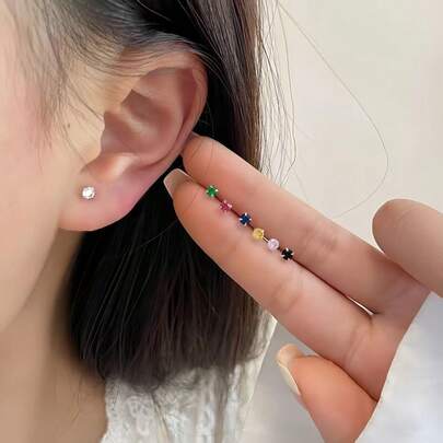 925纯银2毫米单颗锆石迷你耳钉，女士款，不可拆卸珠子，彩色耳洞，精致珠宝