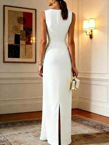 Elegant Sleeveless Fitted Maxi Dress, Women's Fashion Open Shoulder Fabric, Casual & Formal Gown With Zipper Detail White Summer - 黑色 - 查看 5