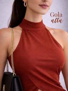 Women's Longline Blouse With Asymmetrical Side Cutout, High Neck, Elegant, Flowy, Modern - 紅陶 - 查看 6