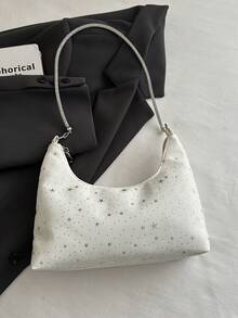 Nueva llegada Bolso de tela con estampado de estrella minimalista y elegante, cadena de metal, cierre con cremallera, capacidad pequeña y ligero, bolso de hombro casual para ir y venir - Blanco - Ver 4