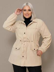 Plus Size Winter Overcoat In Bengaline Fabric With Drawstring, Zipper, And Button Closure. This Winter Parka Coat/Blouse Is Perfect For Sizes G1, G2, And G3. - Beige - View 1