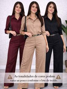 Kit Of 3 Women's Tailored Wide Leg Pants With Belt - 焦糖色 / 酒紅色 / 米色 - 查看 2