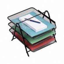 3-Tier Metal Desktop Paper Organizer Tray, Sturdy Silver File Storage Rack, 11.5"*13.75"*10" Space Saving Design, Heavy Duty Office Document Sorter For Desk Workspace Tidy - Black - View 2