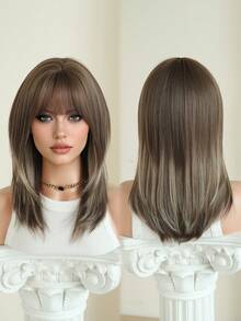 7JHH WIGS 高光暖棕色混米色层次感假发，女士款，18英寸优雅齐肩直发，带刘海，自然柔软耐热蓬松无胶合成纤维假发，适合日常佩戴，新手假发配件，母亲节礼物 - 亞麻棕 - 查看 6