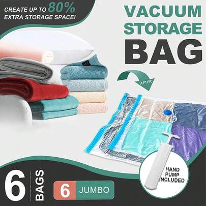 6件套加厚真空收纳袋套装，含手动气泵，超大透明羽绒被压缩袋，收纳袋，可重复使用的真空压缩衣物袋，防潮、防霉、防尘，节省空间，透明可视收纳袋，季节性衣物收纳袋，搬家压缩袋，宿舍收纳袋，旅行收纳袋，行李整理袋，衣柜整理袋，收纳盒，度假必备 - 红色外套，黑色外套，冬季衣物，夏季毛衣收纳盒