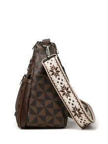 New Women's Large Capacity Crossbody Bag, Bohemian Style Adjustable Wide Strap Multi-Pocket Contrast Color Vintage Printed PU Material Commuter Casual Handbag - Brown - View 7
