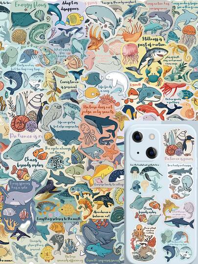 50pcs/Set Retro Aesthetic Cartoon Marine Organism Stickers, Decorative Decals For Luggage Notebook Journal Scrapbook Laptop Phone Stationery Sticker