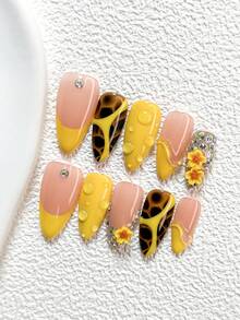 10Pcs Cool Edgy Style, Handmade Nail Art Set,Polygel Nail Set,Diamond, Flowers Nail Art Accessories,Yellow And Dark Brown Nail Polish,Includes Nail Tools,3 Sizes Available,Almond Nails , Duck Nails,Coffin Nails For Party, Dance, Daily Wear. - 彩色 - 查看 17