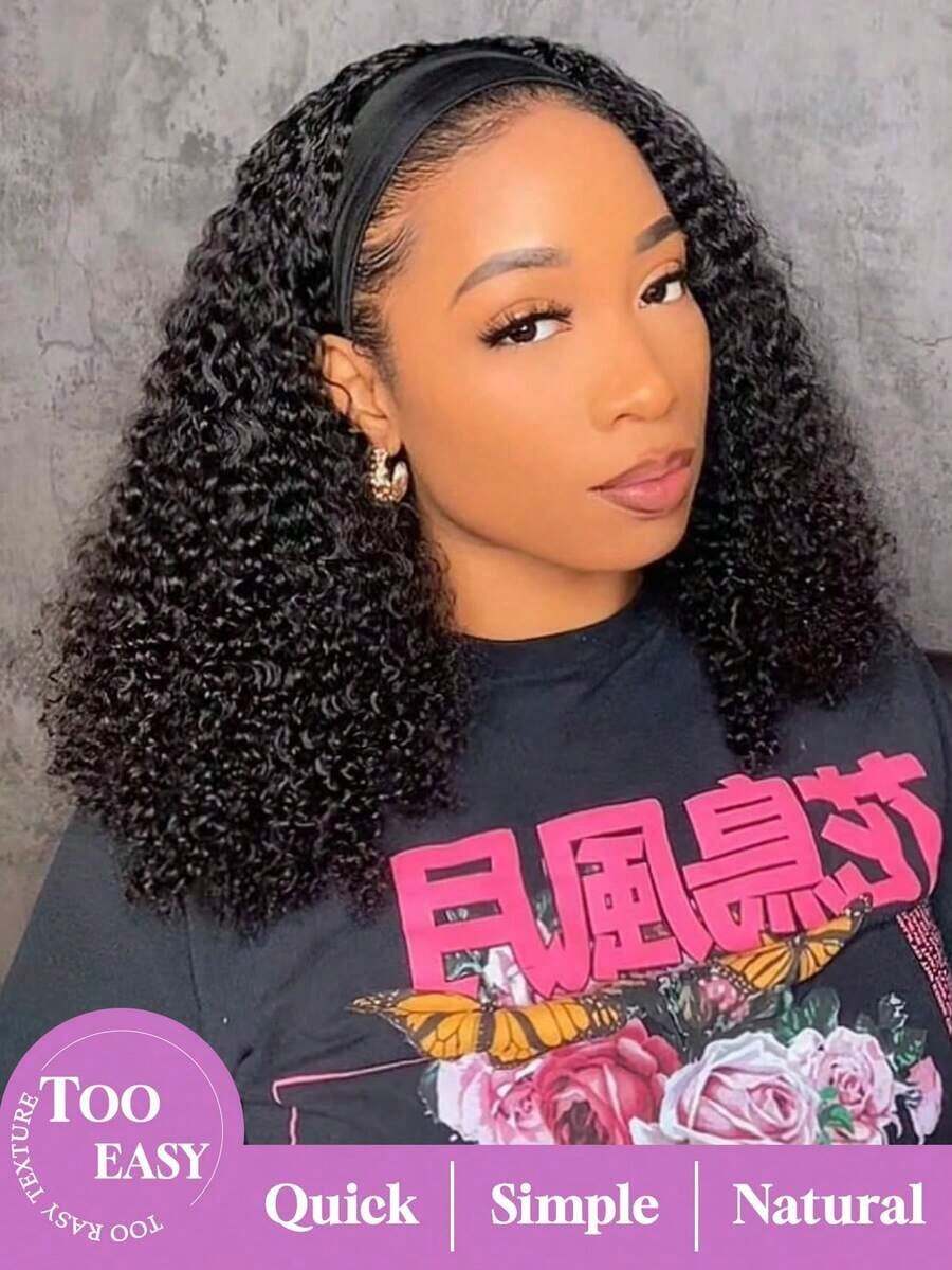 Headband Wig Deep Wave 16 Inch Glueless None Lace Front Deep Curly Wig Brazilian Hair Wear And Go Wigs For Women 200% Density Machine Made Put On & Go Black Headband Half Wigs Blended Human Hair Natural Color No Glue Throw On & Go Wig 10-34 Inch