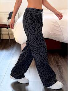 Women's Pink Leopard Print Drawstring Straight Leg Casual Pants With Pockets, Lightweight Stretchy Polyester Fabric - Dark Grey - View 5