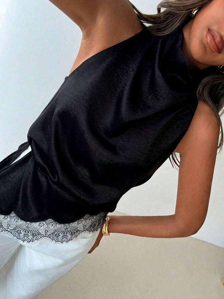 Women's Spring/Summer New Elegant Casual Lace Patchwork Sleeveless Top - Ruffle Collar, Lace Hem Patchwork, Single Side Slit, Textured Fabric, Loose Fit - Black - View 1