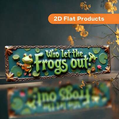 Vintage Flat Metal Wall Decor "Who Let The Frog Out?" - 15.7x3.9 Inches (40x10 Cm), Retro Green-Gold Color Frog Decoration With Pre-Drilled Holes, Durable For Cabin, Bathroom, Cafe, Office, 2D Flat Design