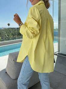 Camisa de mujer de talla grande con mangas de murciélago y rayas, de corte holgado y casual, adecuada para ir al trabajo y uso diario en primavera/verano - Amarillo - Ver 6