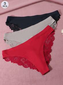 3 pezzi/Set Mutandine in pizzo sexy da donna, biancheria intima in seta - Multicolore - Visualizzare 2