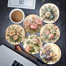 6pcs Set Insulated Wooden Coasters, French Vintage Pattern, Suitable For Home, Office And Party Drinks, Perfect Holiday Gift - Multicolor - View 6