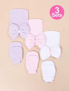 3pcs/Set 0-3M Newborn Baby Soft Bow Decor Hat And Gloves Set, Suitable For Daily Use - Multicolor - View 5