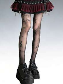 1双女士春夏音乐符号和钢琴键盘印花透明连裤袜，星星和波点点缀尼龙弹力长筒袜，哥特朋克Y2K风格，适合日常穿着和音乐节装扮 - 彩色 - 查看 3