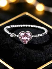 925 sterlingsilverring i hjärtformad diamant, elegant armband med pavefattning, unika feminina smycken, present till bästa vän - Rosa - Visa 12
