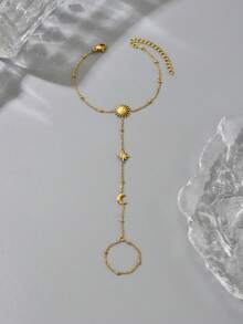 1 pezzo Braccialetto con anello decorato con zirconia cubica, braccialetto alla moda con pendente a forma di stella, luna e sole, gioiello in acciaio inossidabile impermeabile, adatto come regalo per appuntamenti o per l'uso quotidiano di donne - Dorato - Visualizzare 4