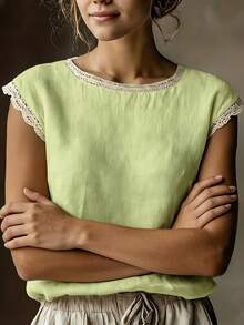 Vintage Linen Short Sleeve Top For Women, Lace Patchwork Round Neck Loose Breathable Linen Blend T-Shirt, Summer - Mint Green - View 2