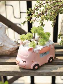 Cute Animal Bus Succulent Planter Resin Decor – Adorable Dog/Fox/Panda/Pig Cart Flower Pot For Desk, Bedroom & Garden. Perfect Kawaii Home Decor To Brighten Your Space, Great Gift For Plant Lovers & Kids! - 1pc - View 4