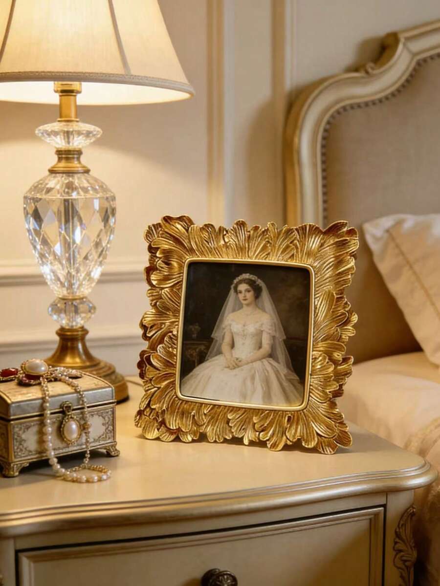 1pc K-Pop Star Card Album, European Style White/Gold/Silver Palm Leaf Edged Resin Photo Frame, Horizontal & Vertical Dual-Use Home Decor Frame, Multiple Colors Available, Suitable For Family Photos Display And Photography Props, Living Room, Bedroom, Study - A - View 1