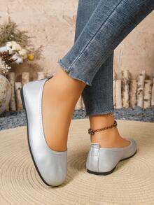Women's Square Toe Flat Loafers, Soft Leather Soft Bottom Comfortable Lightweight Casual Slip-On Shoes, Versatile And Easy To Wear - Silver - View 6