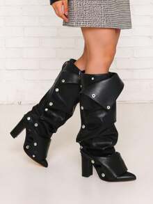 Women's Ruched Slouchy Knee High Boots Stiletto Thin High Heels Pointed Toe Detachable Buckle Party Dress Sexy Shark Boots Woman - 黑A - 查看 4