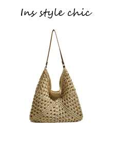 Questa borsa intrecciata in paglia nuova per la primavera/estate 2026 è di colore beige tinta unita, a spalla/a tracolla. Presenta una grande capacità, un design aperto e portatile, ed è sia elegante che pratica. Perfetta per uno stile rilassato e pronto per le vacanze, ideale per lo shopping, i viaggi e le passeggiate tranquille. - Beige - Visualizzare 4