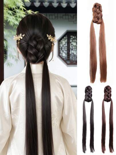 Tóc giả bện bằng sợi tổng hợp, kiểu búi tóc nhẹ nhàng, kẹp tóc, kiểu cổ điển, tóc thẳng tự nhiên và chân thực, kiểu tóc đuôi ngựa, dụng cụ tạo kiểu tóc, phù hợp cho phụ nữ sử dụng hàng ngày.