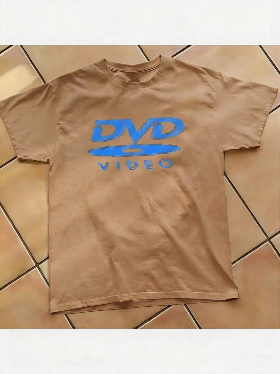 [100% Cotton] DVD Video Nostalgic Green Logo Vintage Gaming Print T-Shirt 2000s Aesthetic Retro Summer Shirt - Unisex Women & Men's Campus Daily Wear - 棕色 - 查看 1