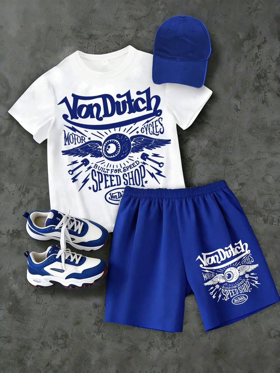 2PCS Teen Boys'  Streetwear Style Round Neck T-Shirt And Blue Sports Shorts Suit, Casual And Comfortable Spring And Summer Short-Sleeved Printed Top Set - 白色 - 查看 1