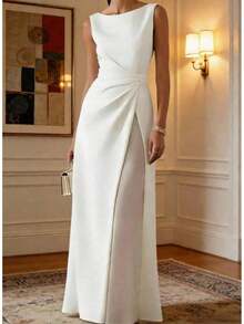 Elegant Sleeveless Fitted Maxi Dress, Women's Fashion Open Shoulder Fabric, Casual & Formal Gown With Zipper Detail White Summer - 黑色 - 查看 6
